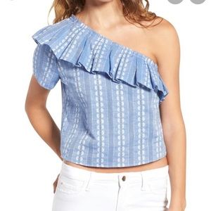 Splendid One Shoulder Ruffle Chambray Top, XS